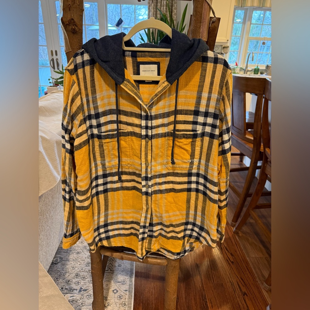 American Eagle Yellow and Black Plaid Distressed Hoodie